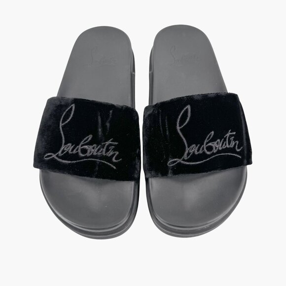Christian Louboutin 'Navy Pool' Slide Sandals Size 37 US 7 Black Velvet Logo 34 - Picture 4 of 12